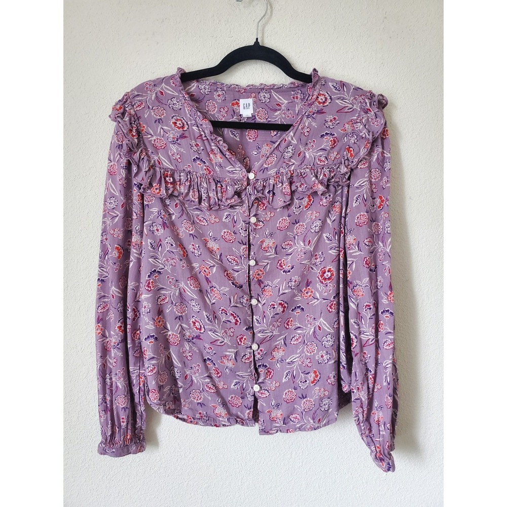 GAP Womens Purple Floral Ruffle Button Front Long Sleeve Peasant Top M - Picture 8 of 8